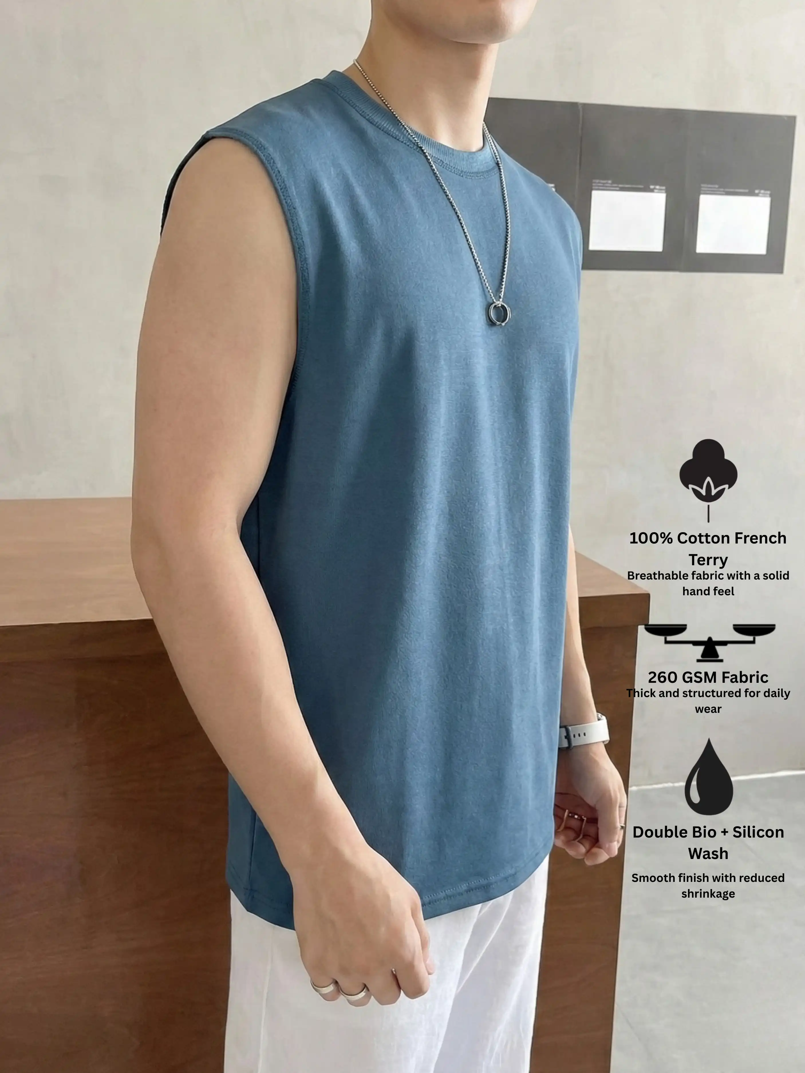 Men’s Sleeveless Round Neck T-Shirt – 260 GSM Cotton French Terry